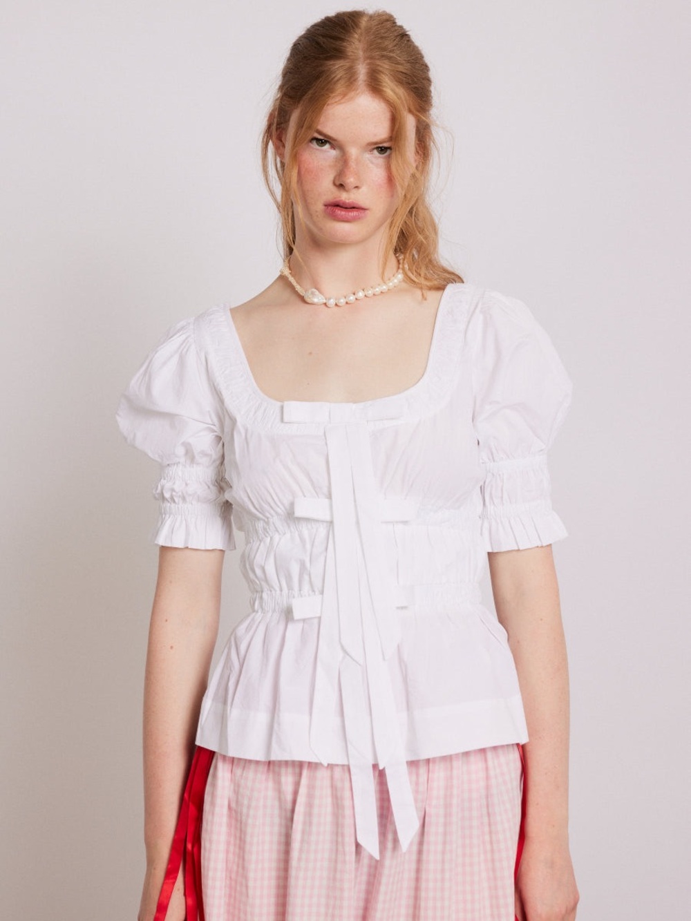 Damson Madder Bianca Blouse in White Cotton - Shirred Waist w Bows & Puff Sleeve
